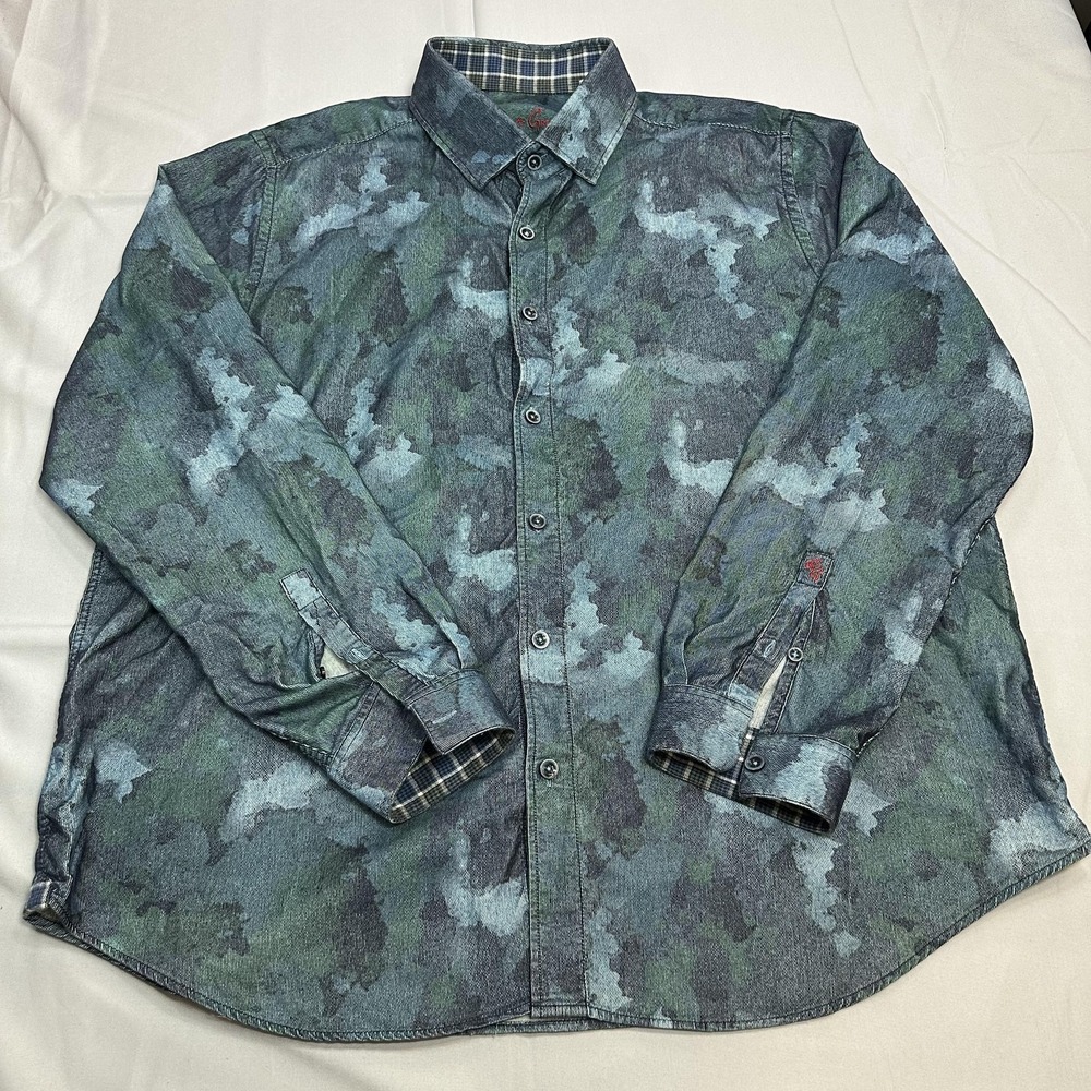 Robert Graham Shirt Mens 2XL Blue Camo Corduroy Classic Fit Stretch Plaid Trim